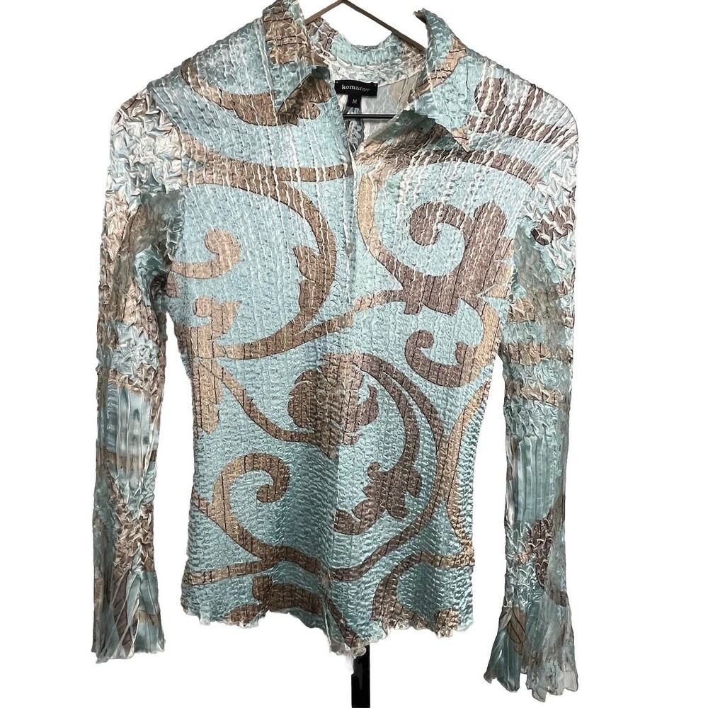 Komarov Designer Blue Button Blouse M Crinkle‎ Lace Bell Sleeve Ruffle USA Made